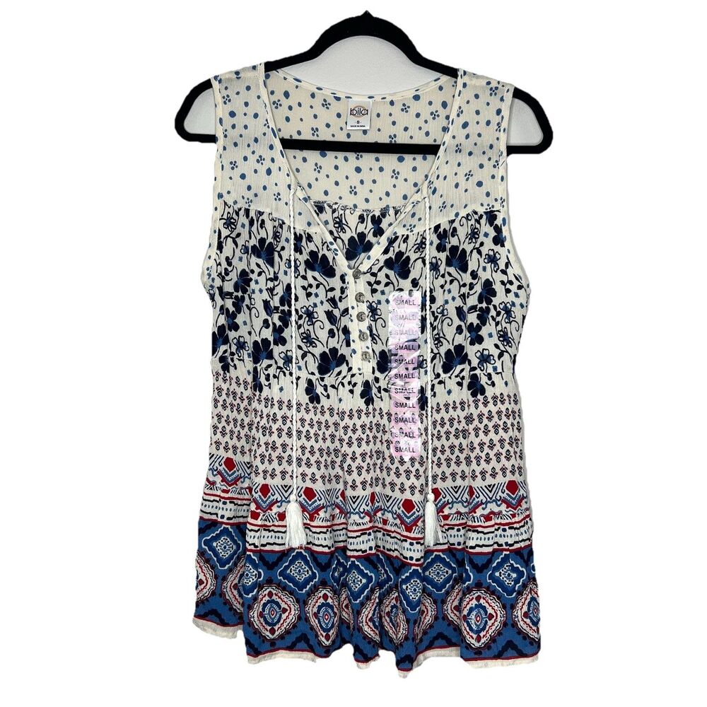 Bila Top Women Small White Blue Red Floral Tassel Sleeveless Boho Festival